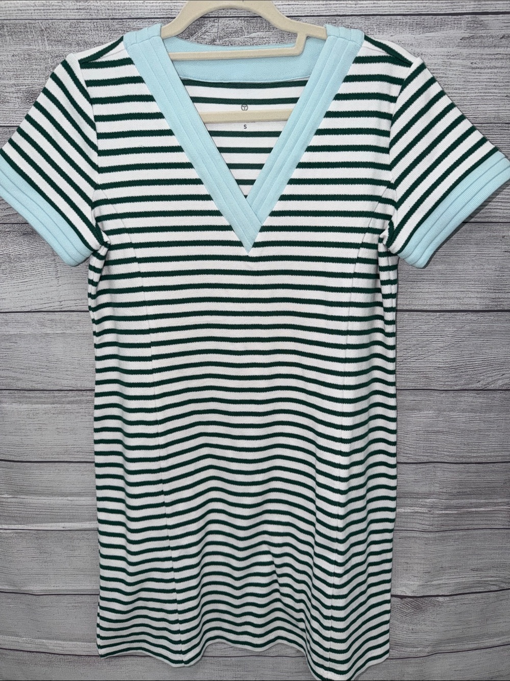 Talbots Green and White Striped Midi Dress with Light Blue Trim
